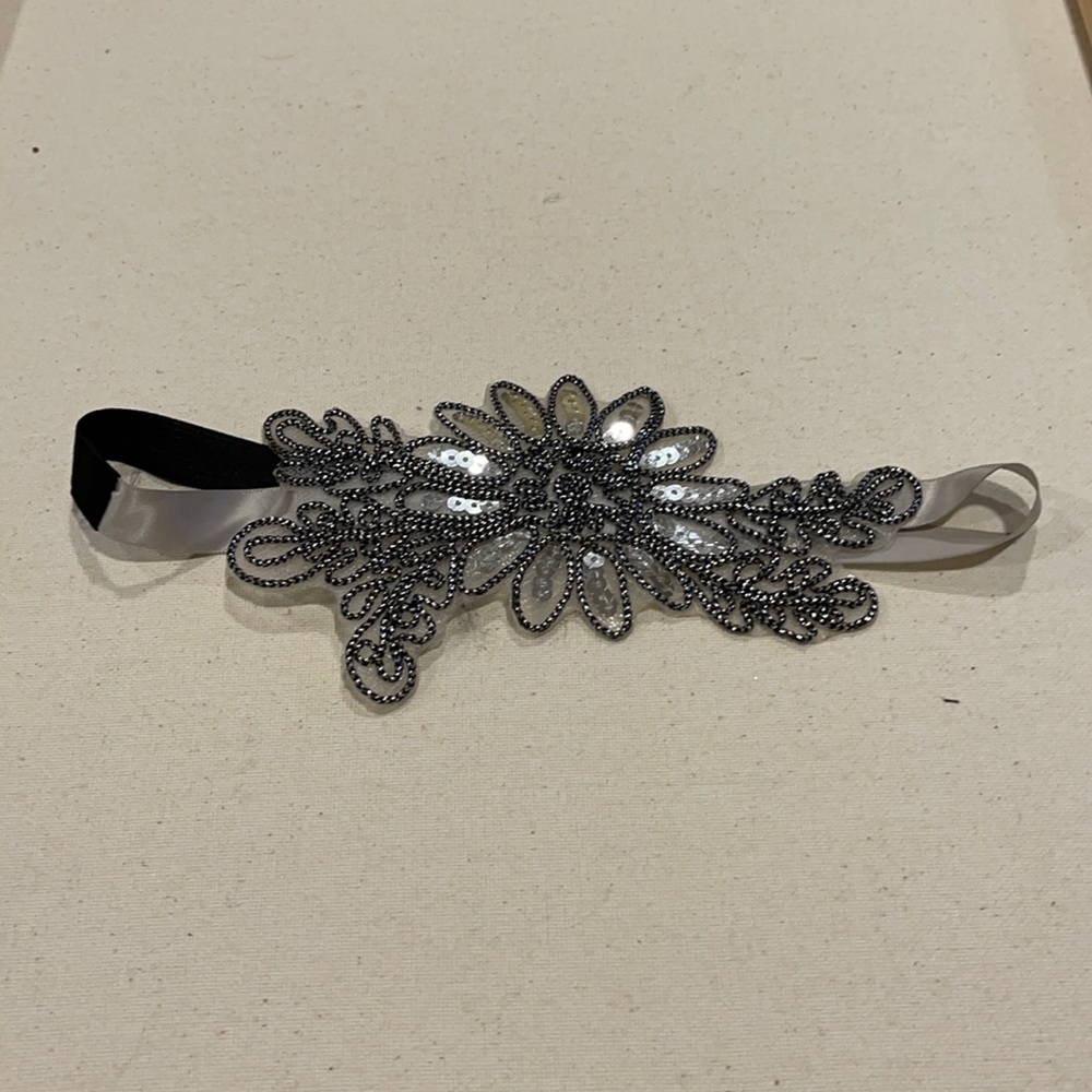 Embellished Floral Headband with Ribbon - Silver